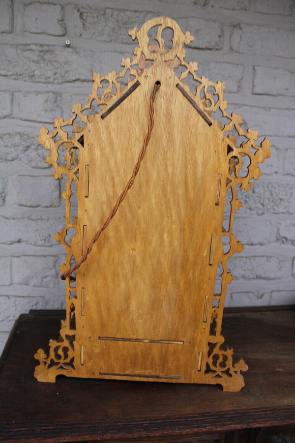 French wood cut 1950 religious chapel Statue for saint with lamp
