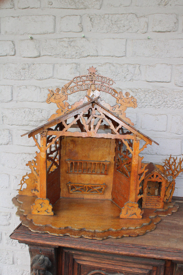 Vintage 1950 wood cut nativity stable statue christmas angels