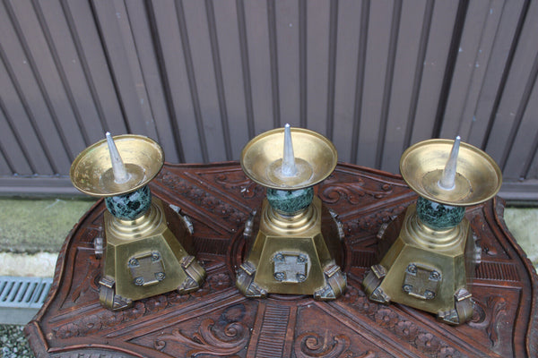 Set 3 Religious altar church candlestick candle holder crucifix bronze marble