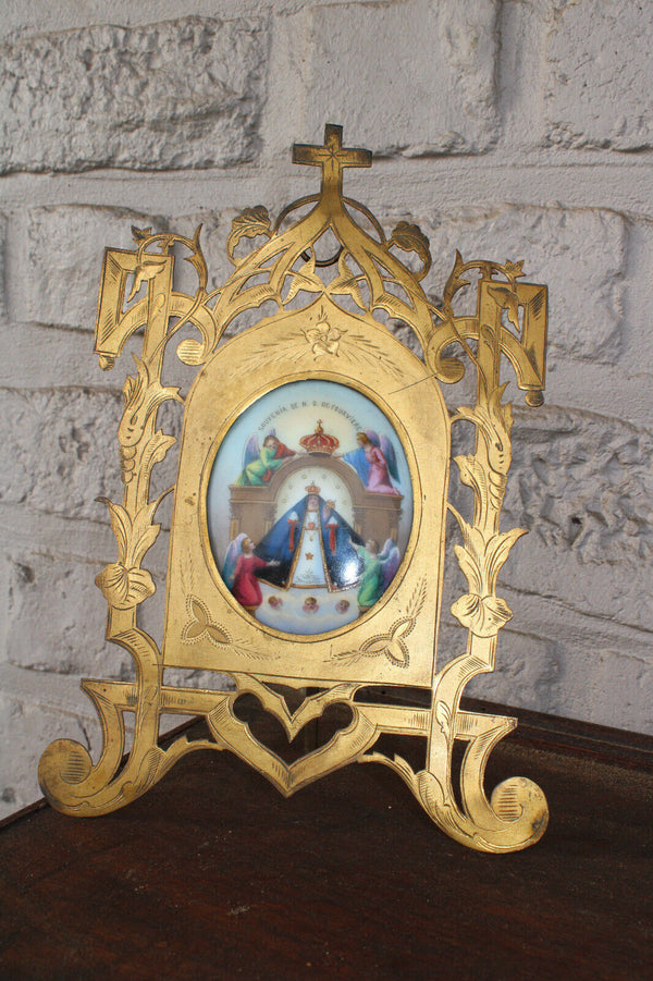 Antique Brass metal cut frame porcelain medaillon madonna statue plaque rare