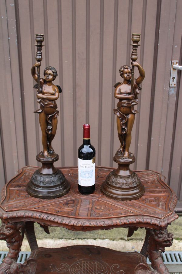 PAIR 1950 Bronze putti cherub candlesticks candle holder statue