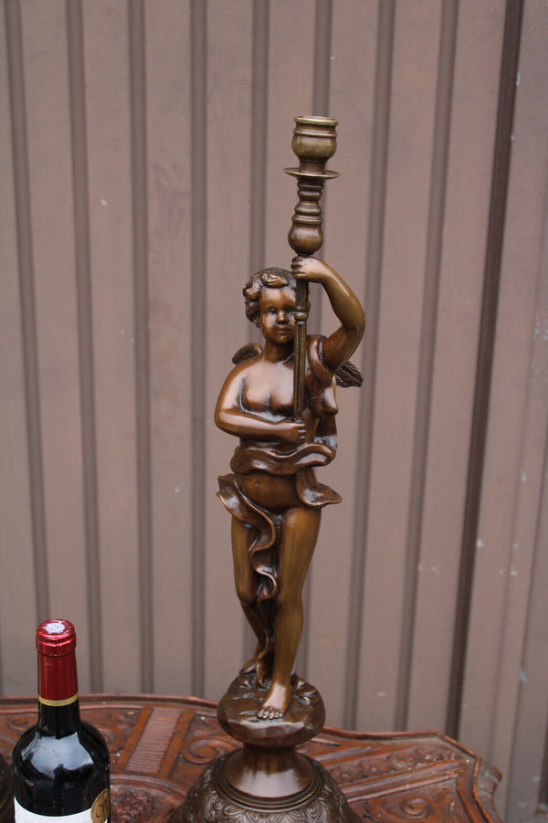 PAIR 1950 Bronze putti cherub candlesticks candle holder statue