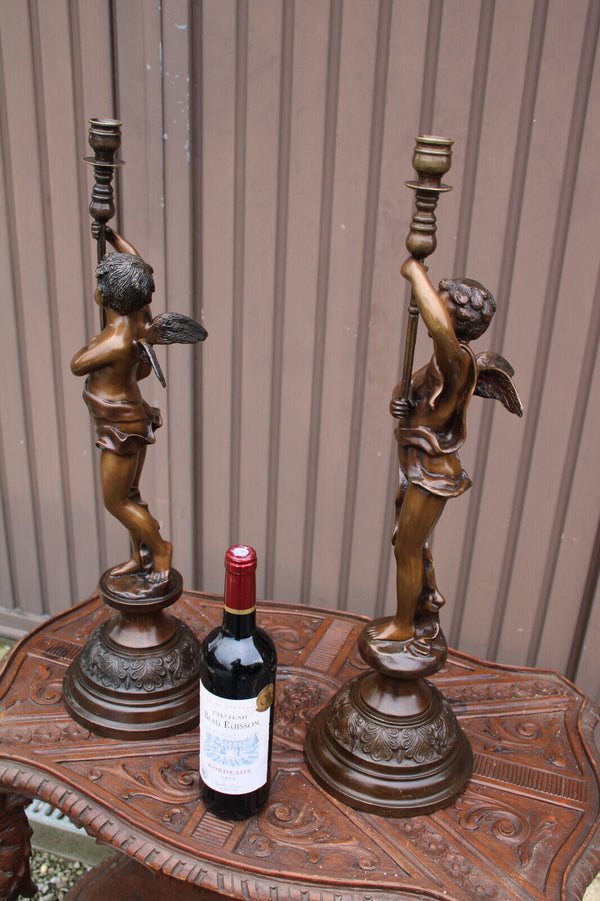 PAIR 1950 Bronze putti cherub candlesticks candle holder statue