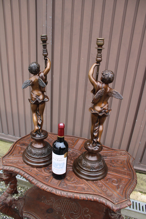 PAIR 1950 Bronze putti cherub candlesticks candle holder statue