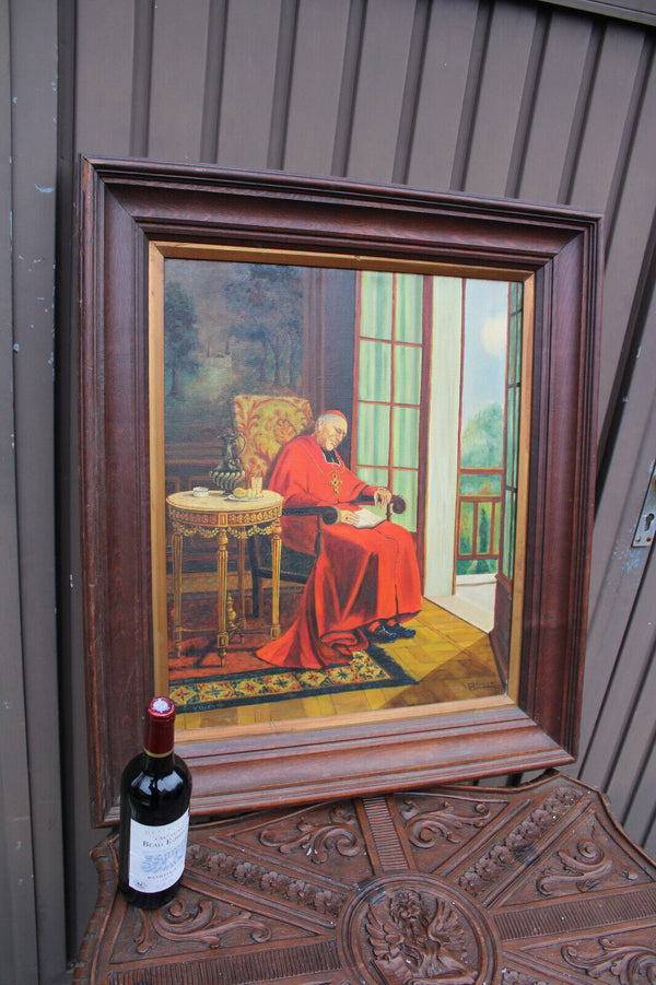 Gorgeous 1950 Vintage oil canvas sleeping cardinal painting religious
