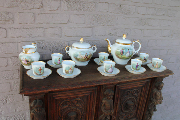 French 8 person coffee tea porcelain service portrait figural decor rare set