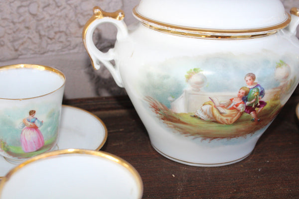 French 8 person coffee tea porcelain service portrait figural decor rare set