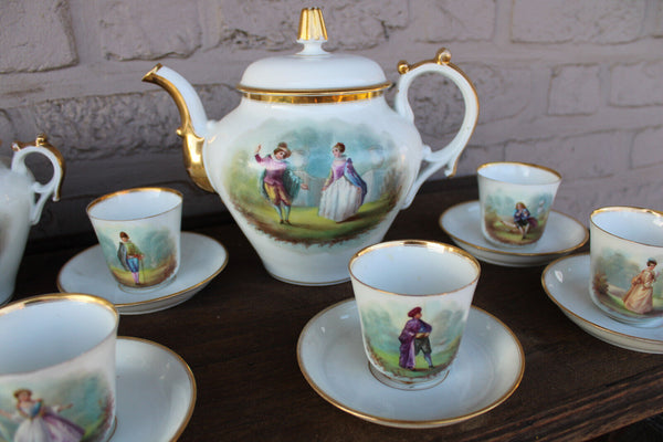 French 8 person coffee tea porcelain service portrait figural decor rare set