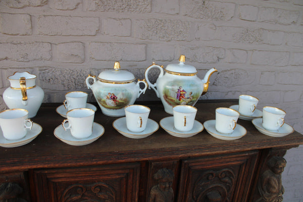 French 8 person coffee tea porcelain service portrait figural decor rare set