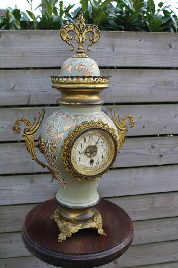 Antique Faience brass art nouveau dragon handles mantel clock