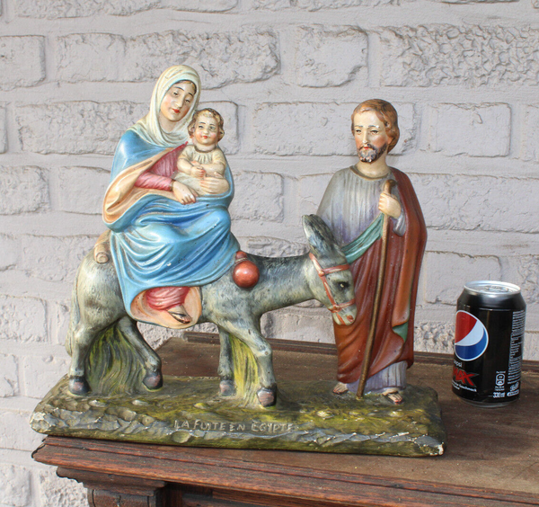 LARGE belgian ceramic chalk signed ARNOVA Flight to egypt Statue jesus mary