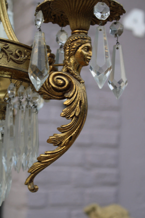 French bronze caryatid figural porcelain flowers crystal pendants chandelier