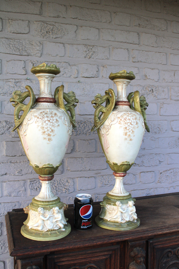 PAIR XL royal dux porcelain vases dragons putti cherubs marked