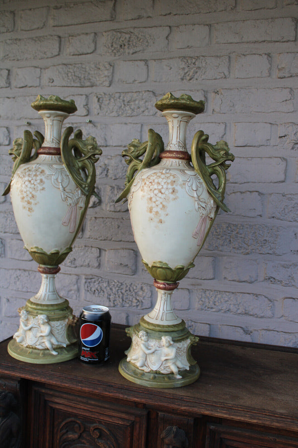 PAIR XL royal dux porcelain vases dragons putti cherubs marked