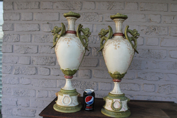 PAIR XL royal dux porcelain vases dragons putti cherubs marked