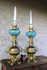 PAIR antique brass oil lamps mythological animals turquoise glass rare