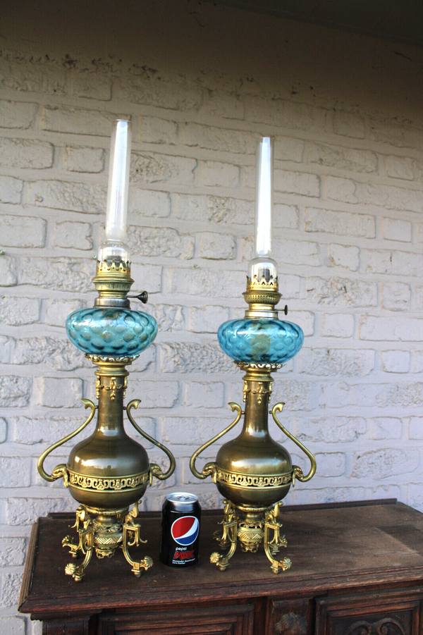 PAIR antique brass oil lamps mythological animals turquoise glass rare