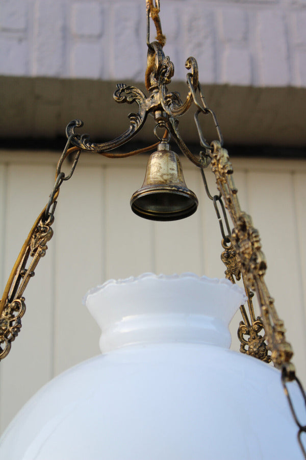 Flemish bronze cherub putti figural opaline glass chandelier lamp ceiling