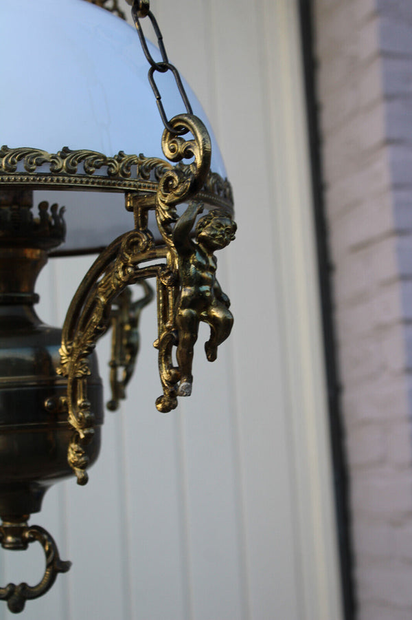 Flemish bronze cherub putti figural opaline glass chandelier lamp ceiling