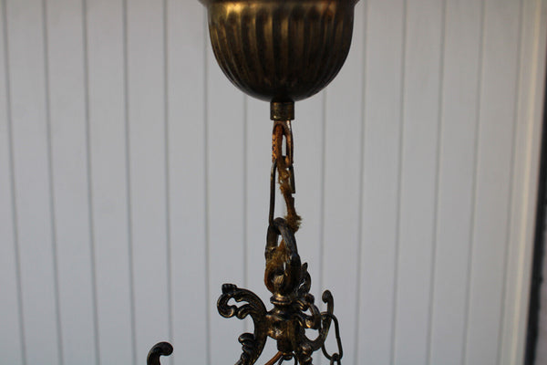 Flemish bronze cherub putti figural opaline glass chandelier lamp ceiling