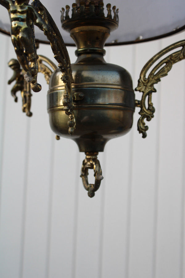 Flemish bronze cherub putti figural opaline glass chandelier lamp ceiling