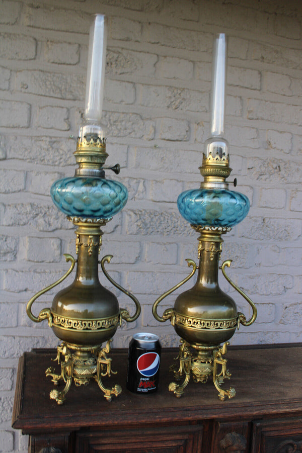 PAIR antique brass oil lamps mythological animals turquoise glass rare