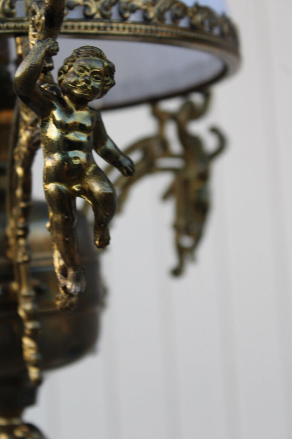 Flemish bronze cherub putti figural opaline glass chandelier lamp ceiling