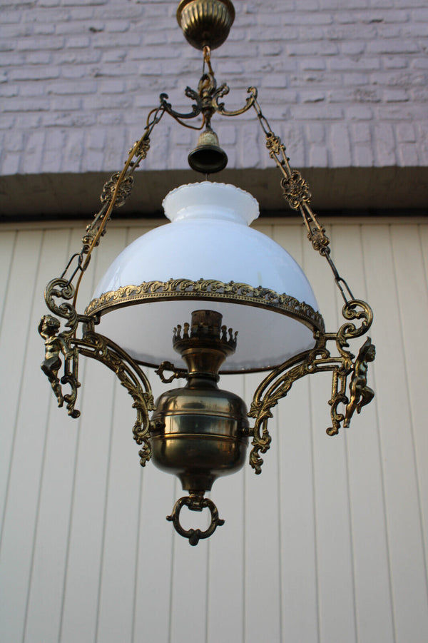 Flemish bronze cherub putti figural opaline glass chandelier lamp ceiling