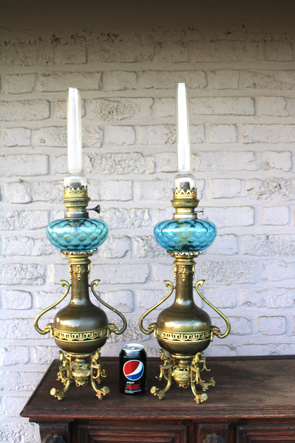 PAIR antique brass oil lamps mythological animals turquoise glass rare