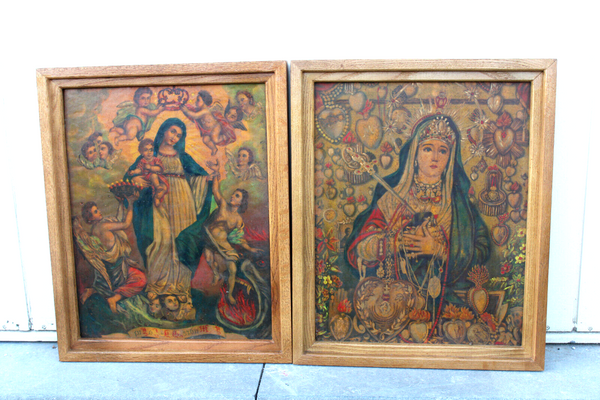 PAIR antique oil on tinplate Religious paintings madonna putti angels set