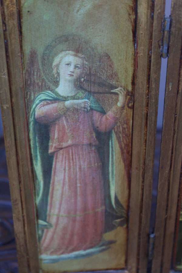 Italian 1970 Triptych wood carved plaque angels madonna