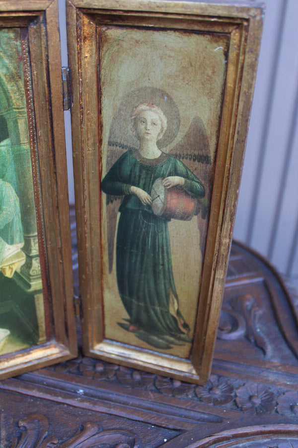 Italian 1970 Triptych wood carved plaque angels madonna