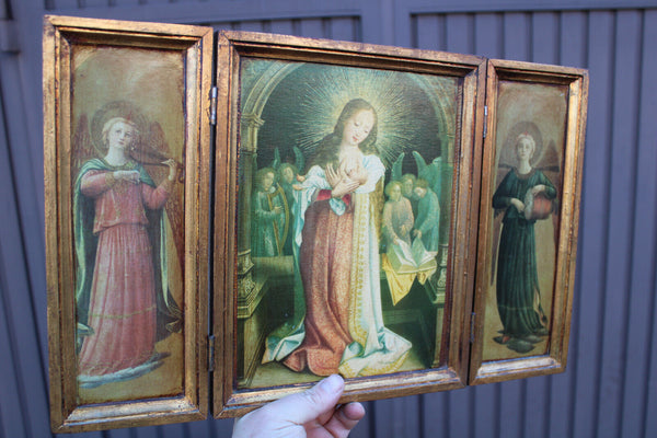 Italian 1970 Triptych wood carved plaque angels madonna