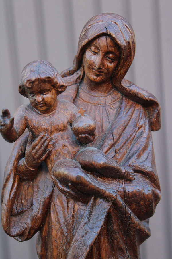 Antique large wood carved madonna child statue figurine religious