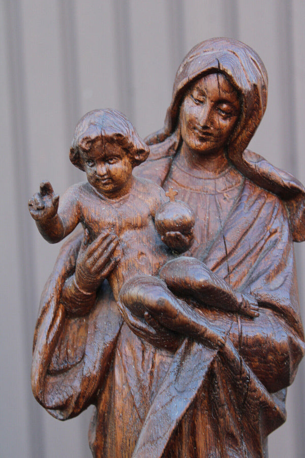 Antique large wood carved madonna child statue figurine religious