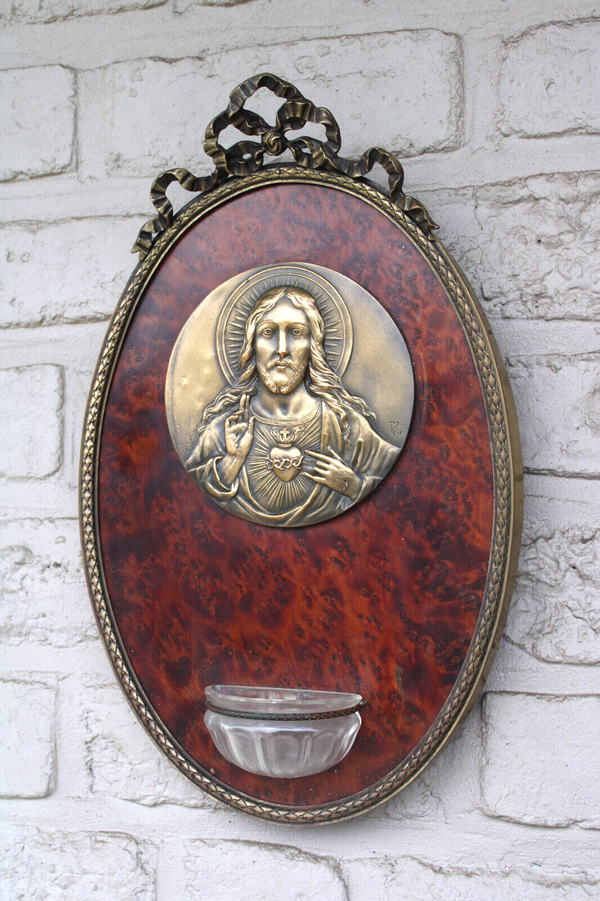 Antique French religious wall plaque holy water font sacred heart  medaillon