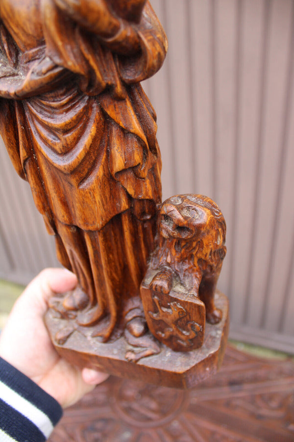 Antique wood carved statue our lady of flanders lion flemish religious