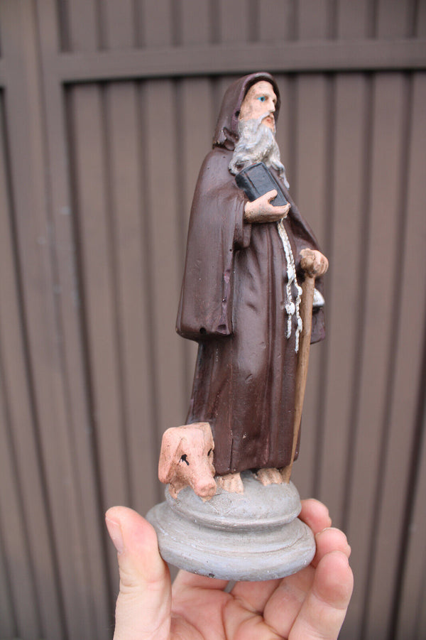 Antique ceramic chalk statue saint anthony abt with pig religious