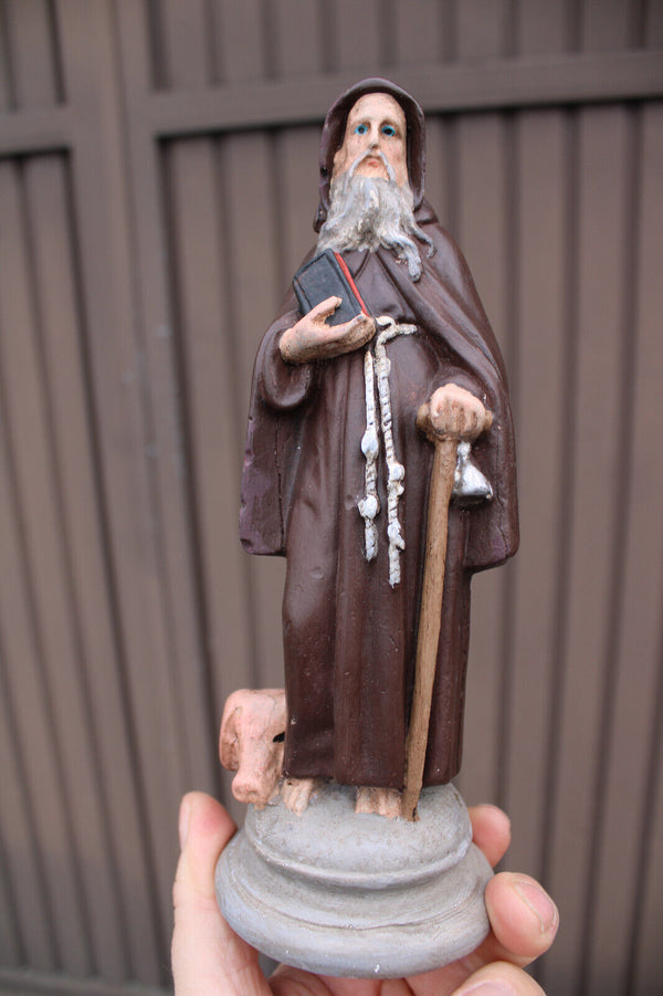 Antique ceramic chalk statue saint anthony abt with pig religious