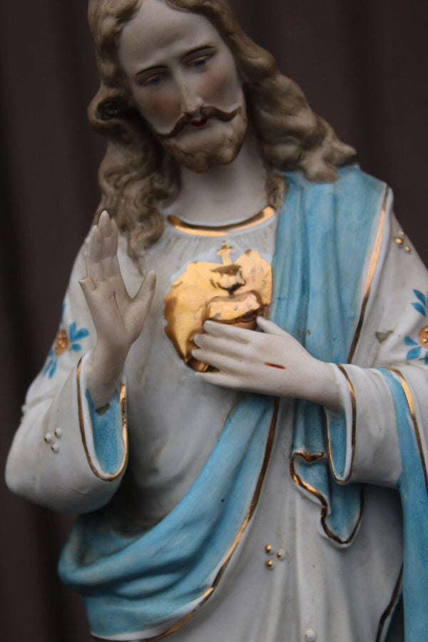 Antique german bisque porcelain sacred heart christ jesus statue