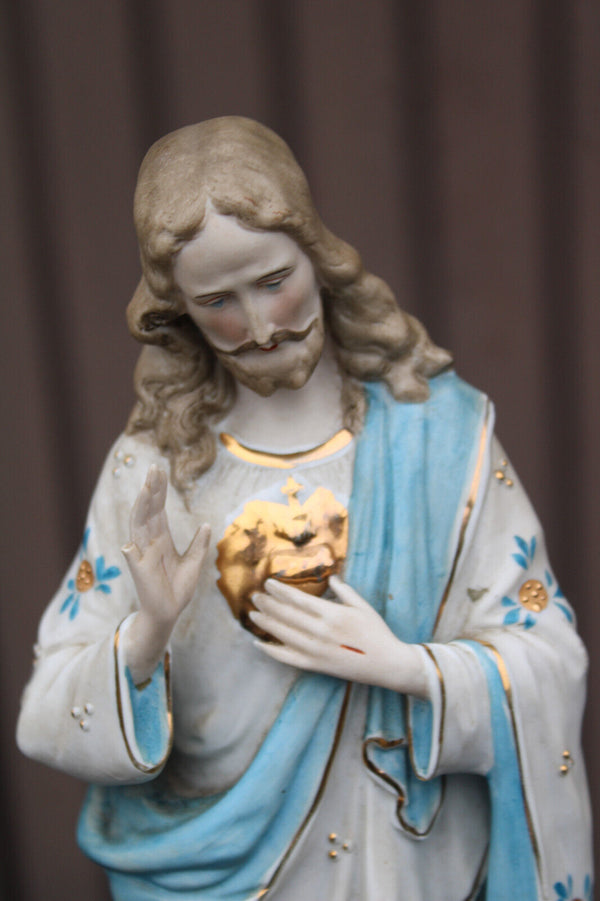 Antique german bisque porcelain sacred heart christ jesus statue