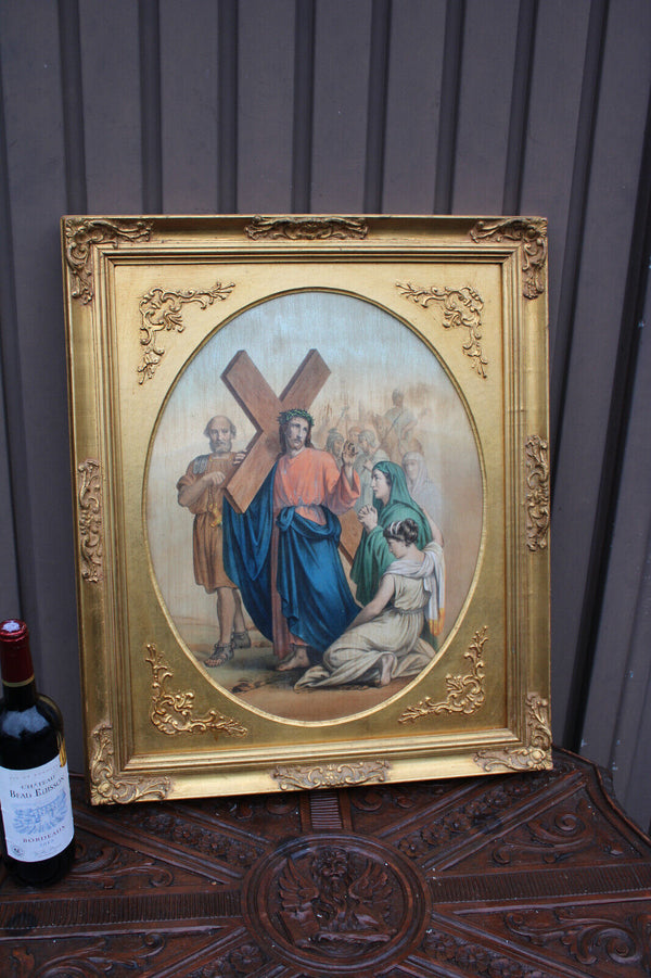 1950s French religious wall plaque with jesus christ carrying cross