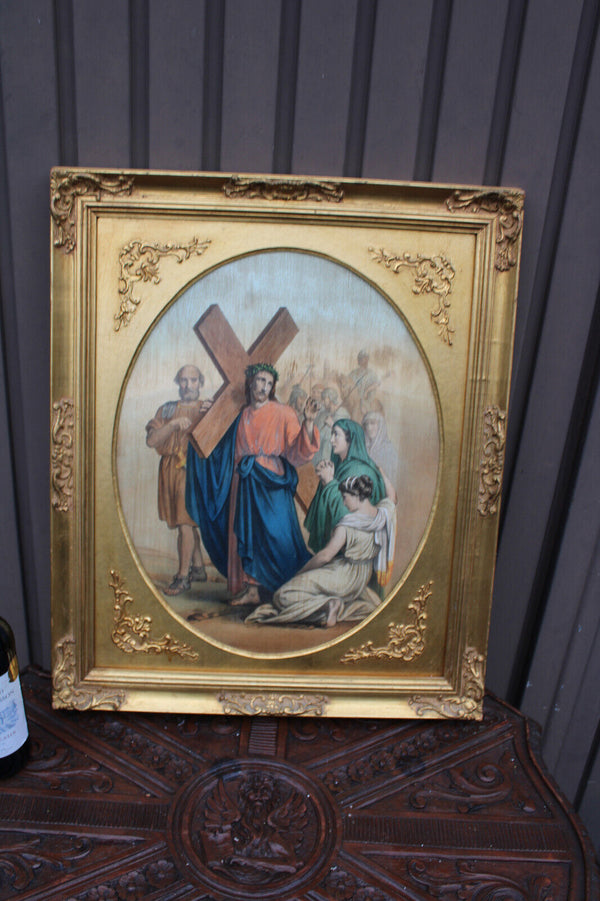 1950s French religious wall plaque with jesus christ carrying cross