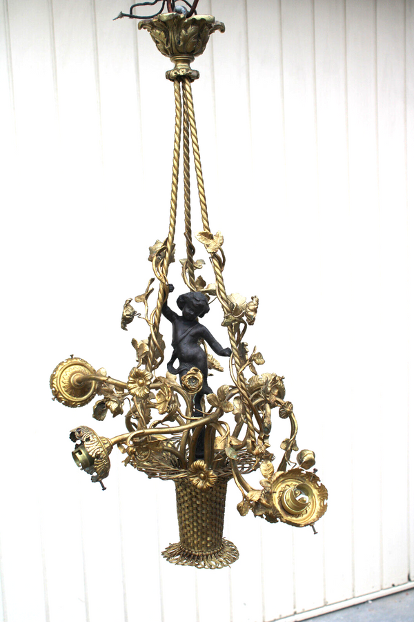 Antique french Bronze brass putti cherub floral basket chandelier lamp