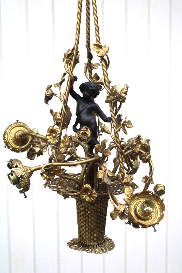 Antique french Bronze brass putti cherub floral basket chandelier lamp