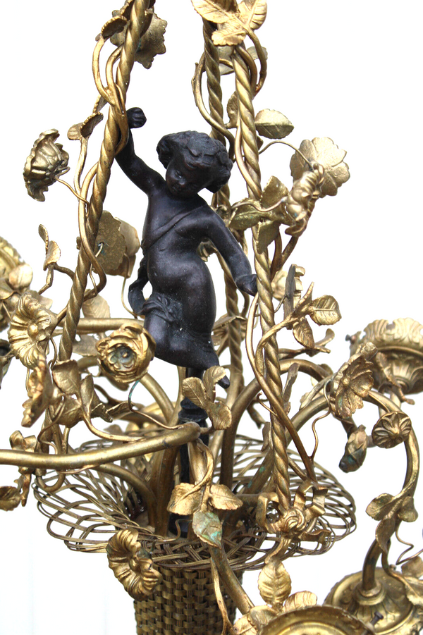 Antique french Bronze brass putti cherub floral basket chandelier lamp