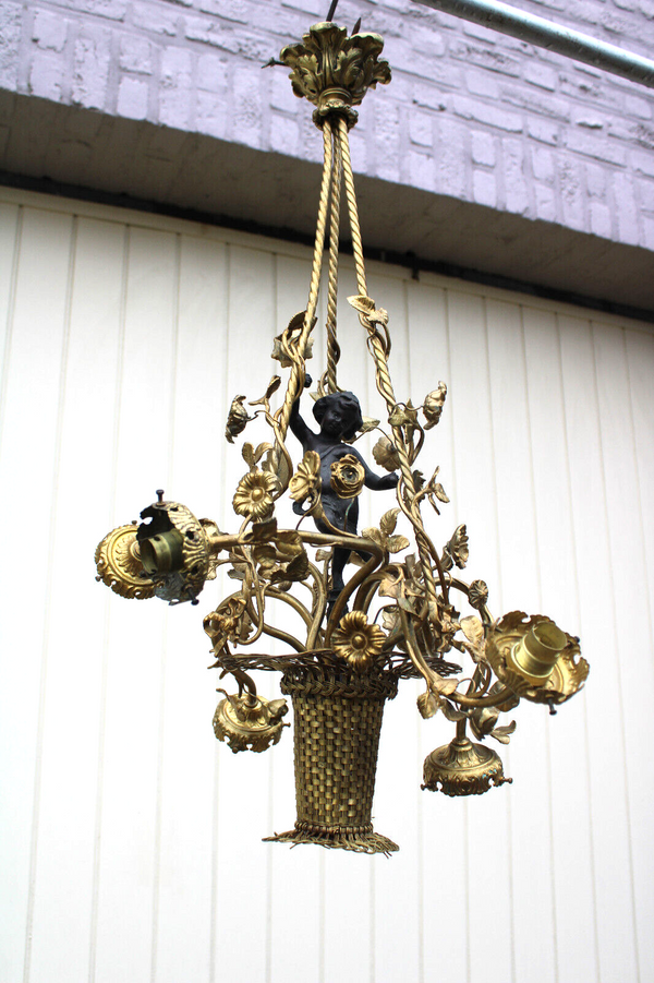 Antique french Bronze brass putti cherub floral basket chandelier lamp