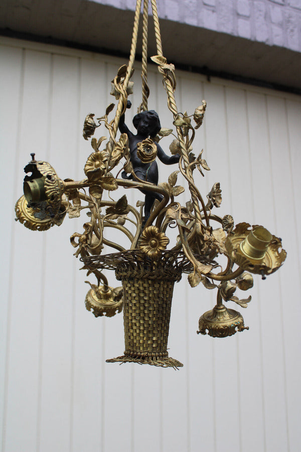 Antique french Bronze brass putti cherub floral basket chandelier lamp