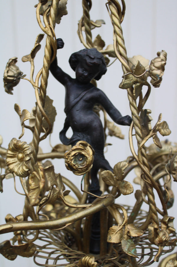 Antique french Bronze brass putti cherub floral basket chandelier lamp