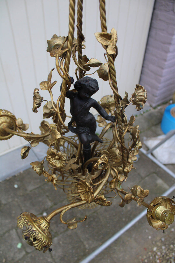 Antique french Bronze brass putti cherub floral basket chandelier lamp